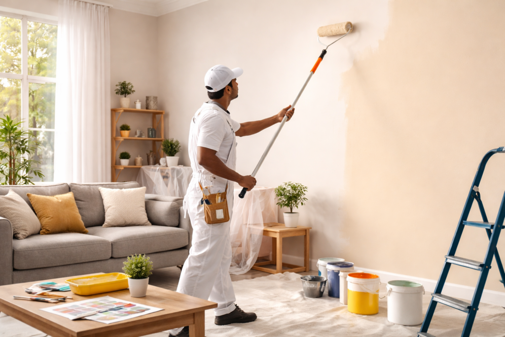 Proffestional Painter Painting wall in Modern Living Room