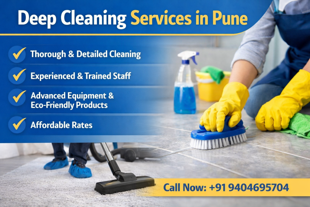 Professional deep cleaning service in Pune with worker scrubbing floor and vacuum cleaning home interior